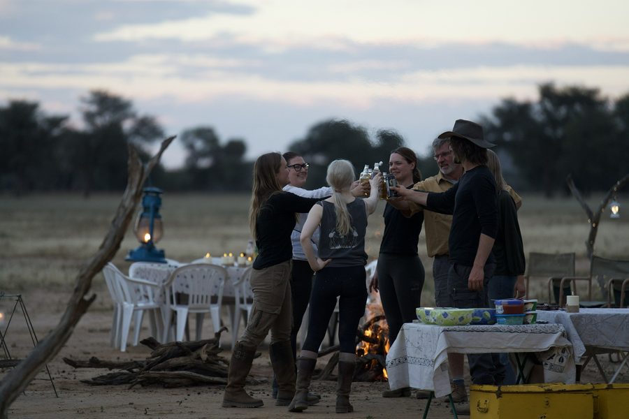 Guests gathering at a table in the bush at dusk