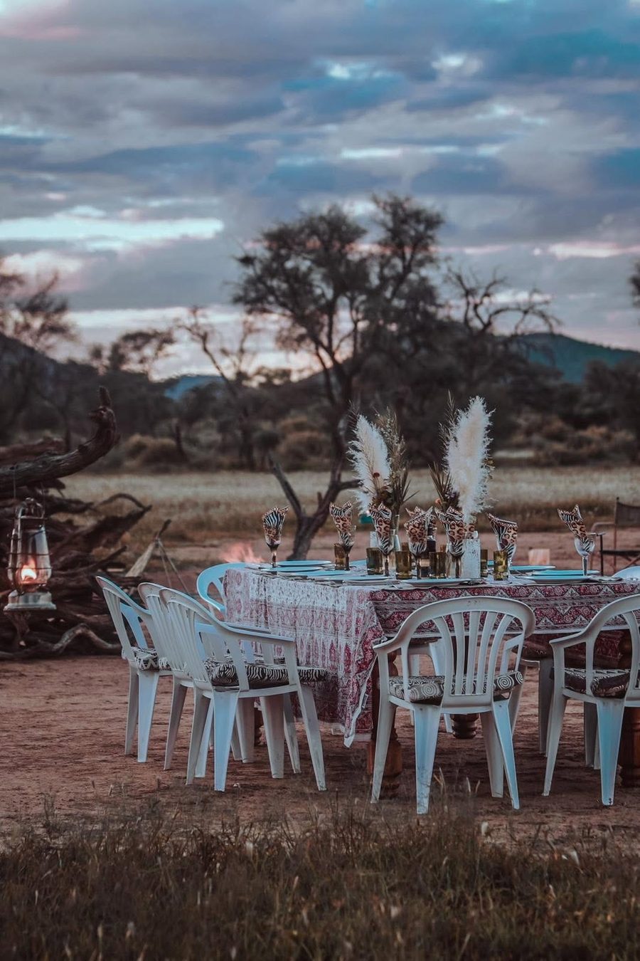 A festive table under the evening sky